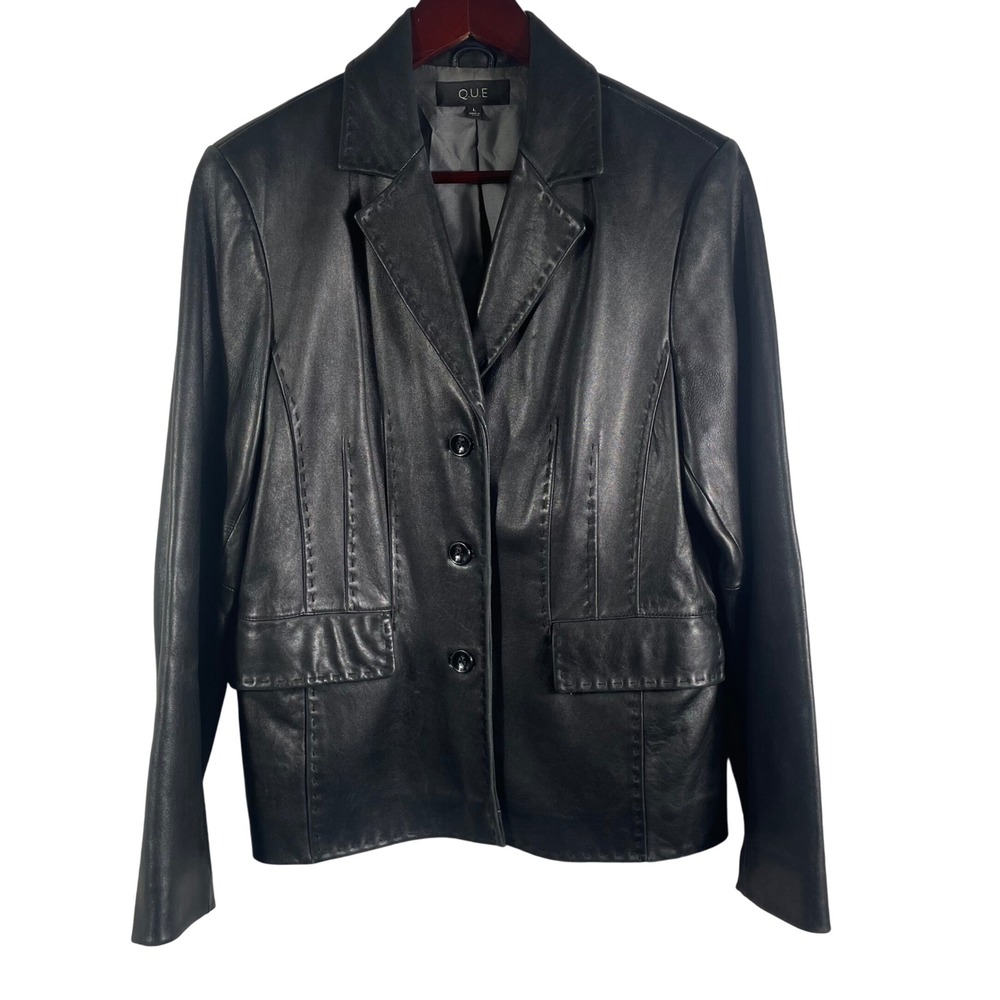 Q.U.E Genuine Lambskin Leather Blazer Jacket Black Size L Lined Button‎ Front
